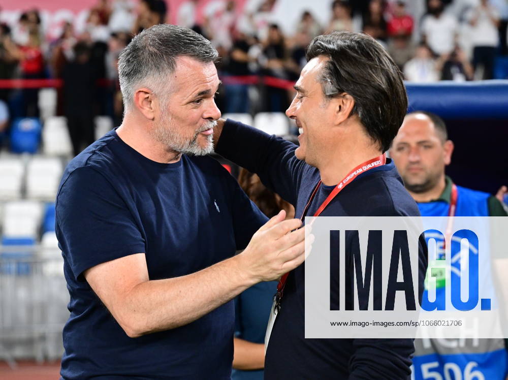 Georgia v Turkiye - 2026 FIFA World Cup, WM, Weltmeisterschaft, Fussball European Qualifiers TBILISI, GEORGIA - SEPTEMBER 4: Georgia’s head coach Willy Sagnol (L) and Turkiye’s head coach Vincenzo Montella (R) shake hands ahead of the 2026 FIFA World Cup UEFA Qualifiers Group E match between Georgia and Turkiye at Boris Paichadze National Stadium in Tbilisi, Georgia, on September 4, 2025. Abdulhamid Hosbas Anadolu Tbilisi Georgia. Editorial use only. Please get in touch for any other usage.