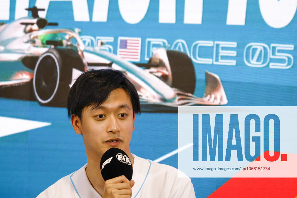 Drivers press conference, PK, Pressekonferenz held in Florida ahead of the F1 Grand Prix of Miami MIAMI GARDENS, FLORIDA, UNITED STATES - MAY 4: Driver Zhou Guanyu of Oracle Alfa Romeo F1 Team speaks during a drivers press conference ahead of the F1 Grand Prix of Miami at the Miami International Autodrome on May 04, 2023 in Miami Gardens, Florida, United States. Florida United States. Editorial use only. Please get in touch for any other usage.