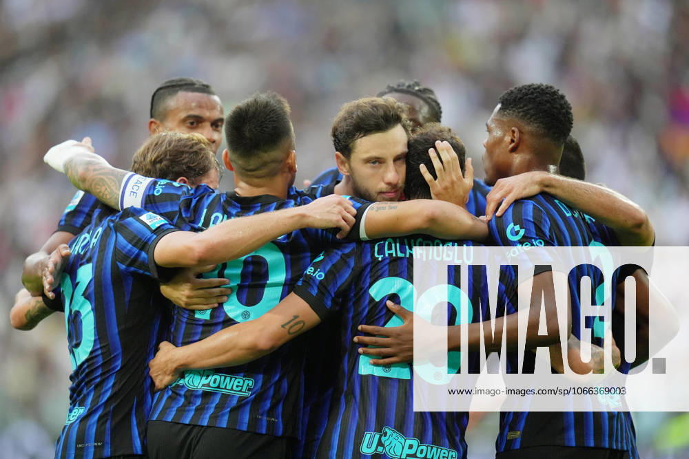 Inter Milan s Hakan Calhanoglu celebrates after scoring 1-1 during the Serie A soccer match between Juventus and Inter at the Allianz Stadium in Turin , north Italy - Saturday , September 13 , 2025. - Soccer .