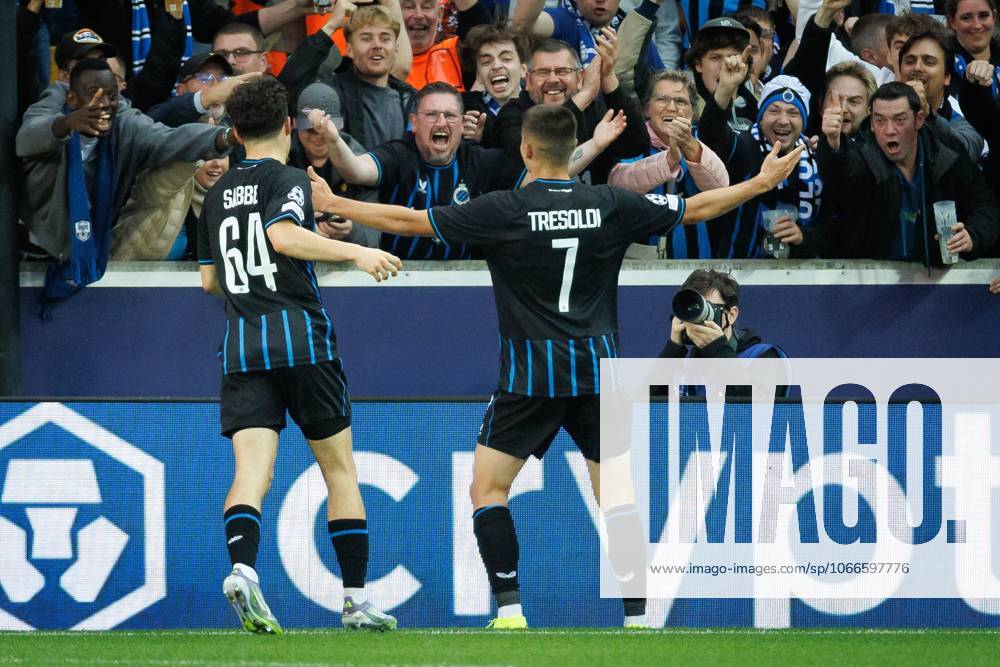 Club s Nicolo Tresoldi celebrates after scoring during a soccer game between Belgian Club Brugge KV and French AS Monaco, in Brugge on Thursday 18 September 2025, on the opening day of the League phase of the UEFA Champions League tournament. KURTxDESPLENTER x134637770x