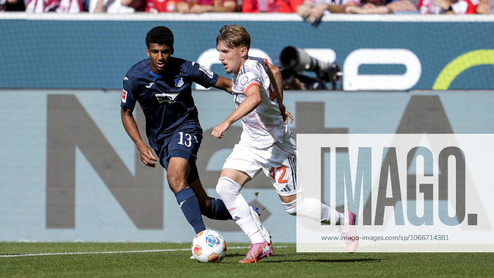 V.li.: Bernardo Fernandes da Silva Junior (Hoffenheim, 13), Lennart Karl (FC Bayern, 42), Zweikampf, Spielszene, Duell, duel, tackle, tackling, Dynamik, Action, Aktion, 20.09.2025, Sinsheim (Deutschland), Fussball, Bundesliga, TSG 1899 Hoffenheim - FC Bayern München, DFB DFL REGULATIONS PROHIBIT ANY USE OF PHOTOGRAPHS AS IMAGE SEQUENCES AND OR QUASI-VIDEO.