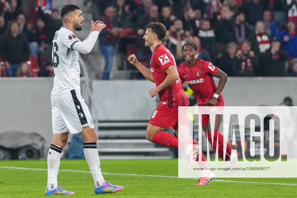 Maximilian Eggestein (SC Freiburg, 08) Torjubel, Emotionen, Torschuss, Abschluss, Torerfolg, Tor, Treffer , Deutschland, Fussball, UEFA Europa League, 1.Spieltag, Ligaphase, 2025 2026, SC Freiburg vs. FC Basel, 24.09.2025, Europa-Park Stadion, Freiburg, Deutschland Freiburg Europa-Park Stadion Baden-Württemberg Deutschland