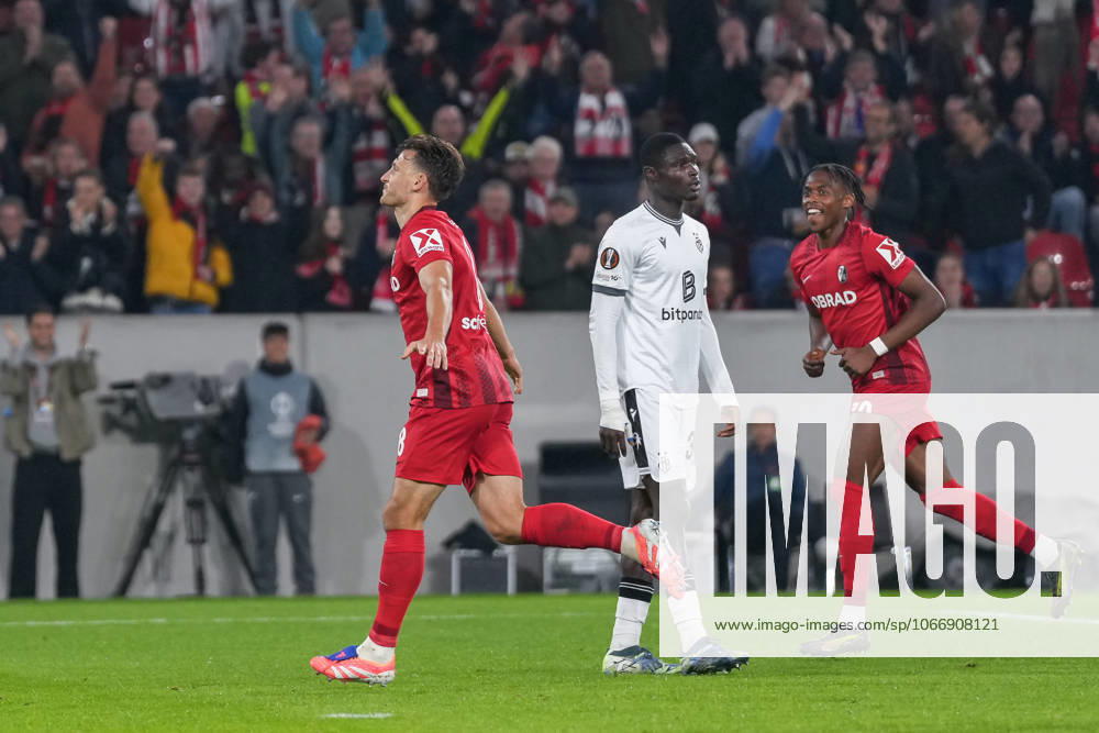Maximilian Eggestein (SC Freiburg, 08) Torjubel, Emotionen, Torschuss, Abschluss, Torerfolg, Tor, Treffer , Deutschland, Fussball, UEFA Europa League, 1.Spieltag, Ligaphase, 2025 2026, SC Freiburg vs. FC Basel, 24.09.2025, Europa-Park Stadion, Freiburg, Deutschland Freiburg Europa-Park Stadion Baden-Württemberg Deutschland