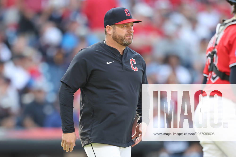 Cleveland Guardians manager Stephen Vogt (12) walks to the pitchers mound in the fifth inning against the Texas Rangers at Progressive Field in Cleveland, Ohio on Sunday, September 28, 2025. CLE20250928112 AARONxJOSEFCZYK