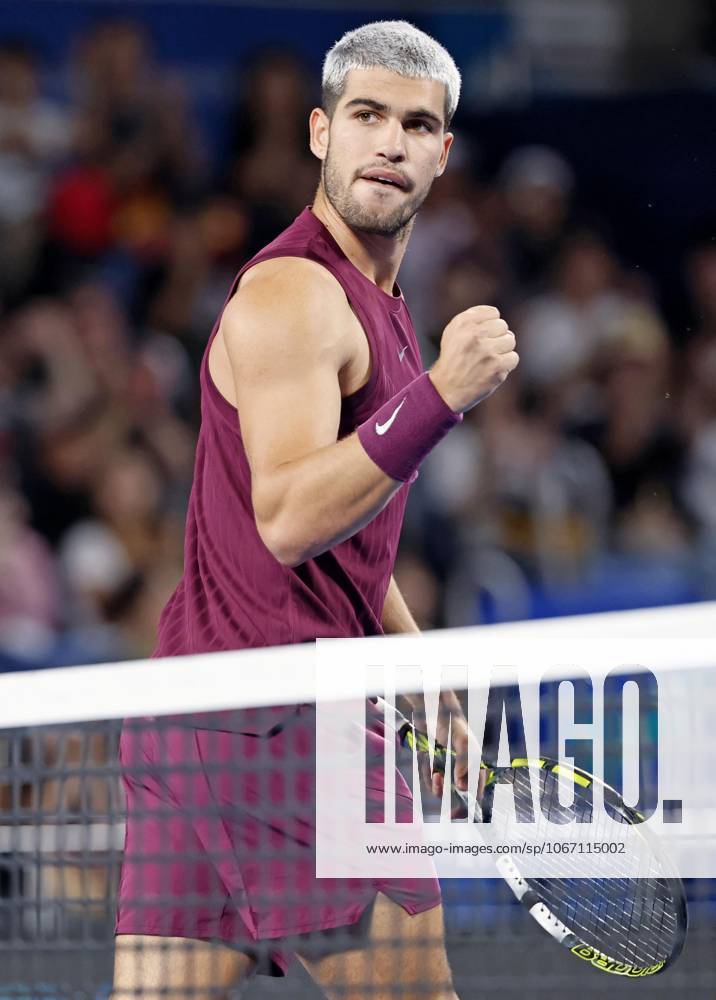 Tennis: Japan Open Carlos Alcaraz of Spain reacts after winning a point in a men s singles second-round match against Zizou Bergs of Belgium at the Japan Open tennis tournament at Ariake Tennis Park in Tokyo on Sept. 27, 2025. A14AA0004889997P
