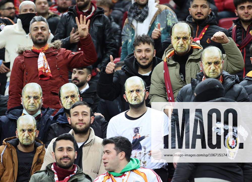 Galatasaray v Kasimpasa - Turkish Super Lig ISTANBUL, TURKIYE - JANUARY 20: Some of Galatasaray fans wear Fatih Terim masks during Turkish Super Lig week 22 soccer match between Galatasaray and Kasimpasa in Istanbul, Turkiye on January 20, 2022. Istanbul Turkey. Editorial use only. Please get in touch for any other usage.