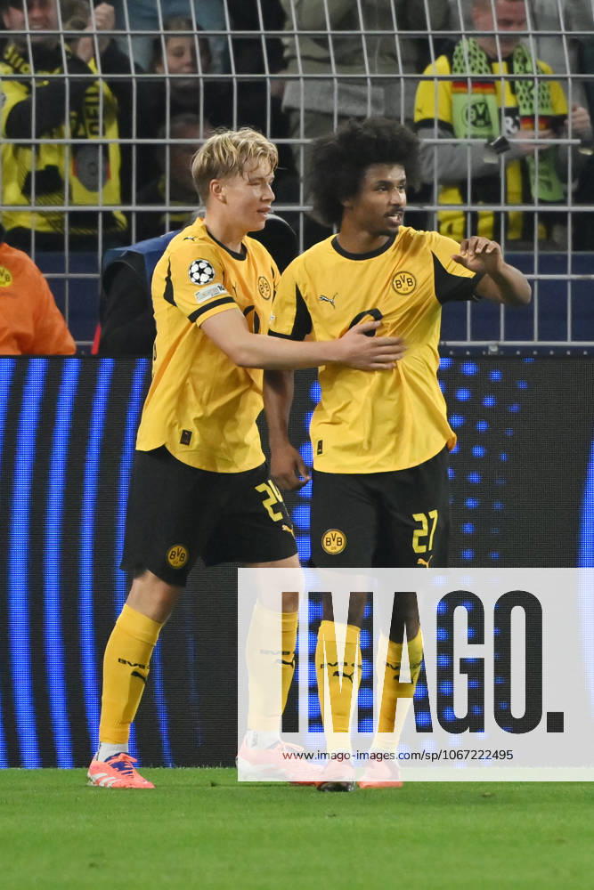 Jubel 1:0 Daniel Svensson (Borussia Dortmund), Karim Adeyemi (Borussia Dortmund), v.li. 01.10.2025, Fussball Champions League 2025 2026, 2. Spieltag, Borussia Dortmund - Athletic Bilbao UEFA regulations prohibit any use of photographs as image sequences and or quasi-video Dortmund Signal Iduna Park Nordrhein Westfalen Deutschland