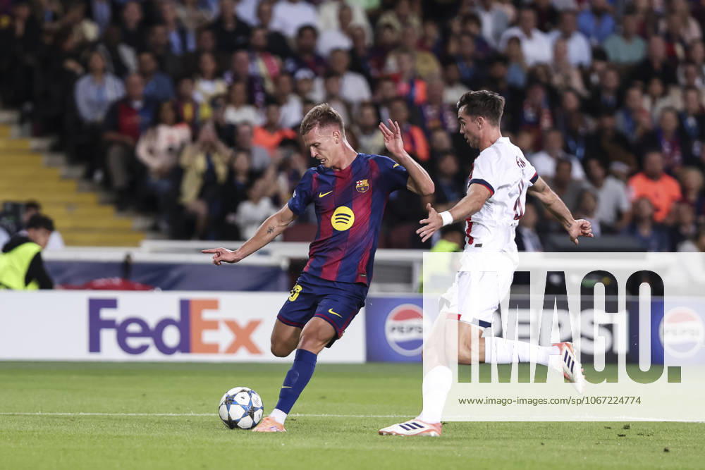 Dani Olmo of FC Barcelona, Barca and Fabian Ruiz of Paris Saint-Germain FC in action during the UEFA Champions League 2025 26 League Phase MD2, match between FC Barcelona and Paris Saint-Germain at Estadi Olimpic Lluis Companys on October 01, 2025 in Barcelona, Spain. Barcelona SPAIN - ZUMAa181 20251001_zaa_a181_060