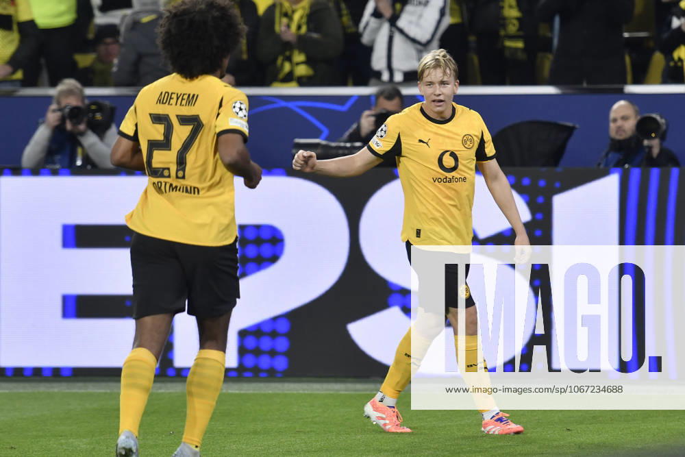 Daniel Svensson (Dortmund 24) jubelt nach dem Tor zum 1:0 mit Karim Adeyemi (Dortmund 27) 01.04.2025 Fussball, Champions League, Borussia Dortmund vs Athletic Club de Bilbao, Signal Iduna Park, Dortmund,