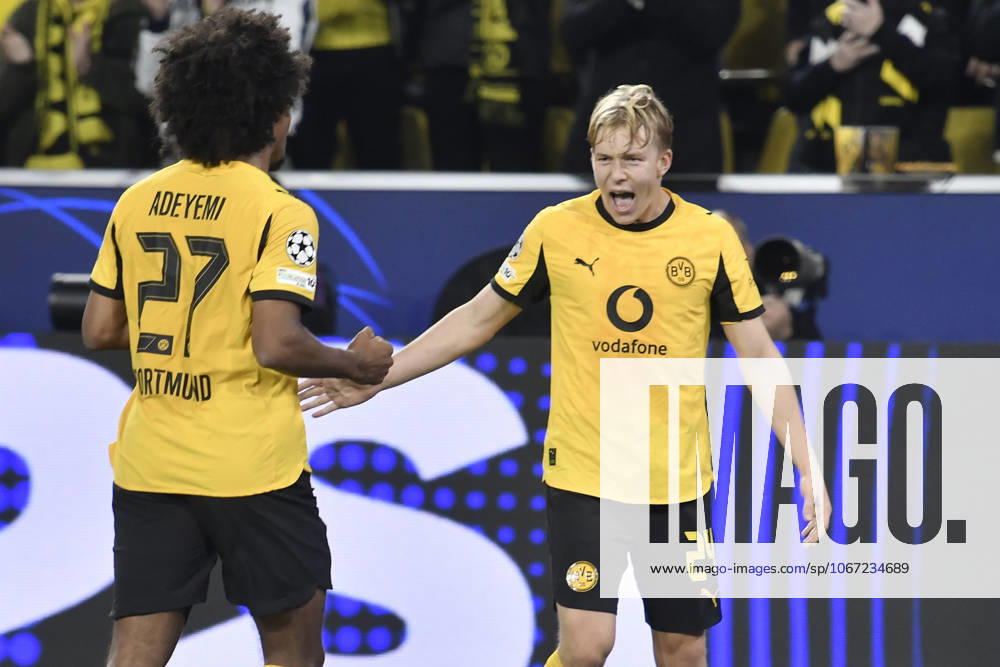 Daniel Svensson (Dortmund 24) jubelt nach dem Tor zum 1:0 mit Karim Adeyemi (Dortmund 27) 01.04.2025 Fussball, Champions League, Borussia Dortmund vs Athletic Club de Bilbao, Signal Iduna Park, Dortmund,