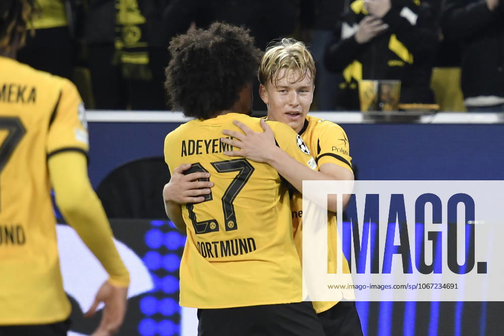 Daniel Svensson (Dortmund 24) jubelt nach dem Tor zum 1:0 mit Karim Adeyemi (Dortmund 27) 01.04.2025 Fussball, Champions League, Borussia Dortmund vs Athletic Club de Bilbao, Signal Iduna Park, Dortmund,