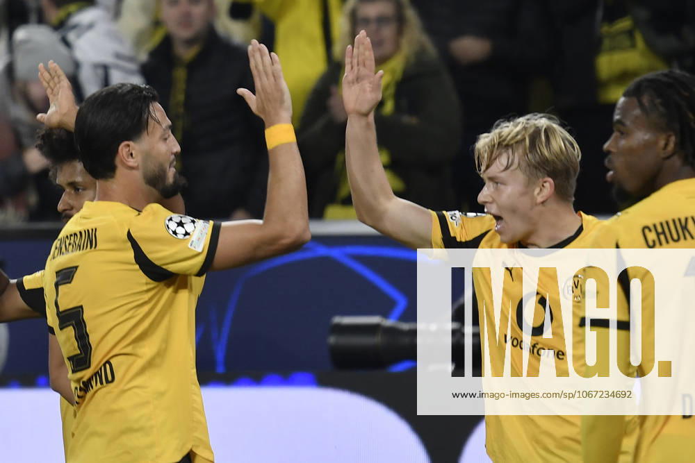 Daniel Svensson (Dortmund 24) jubelt nach dem Tor zum 1:0 mit Ramy Bensebaini (Dortmund 5) 01.04.2025 Fussball, Champions League, Borussia Dortmund vs Athletic Club de Bilbao, Signal Iduna Park, Dortmund,