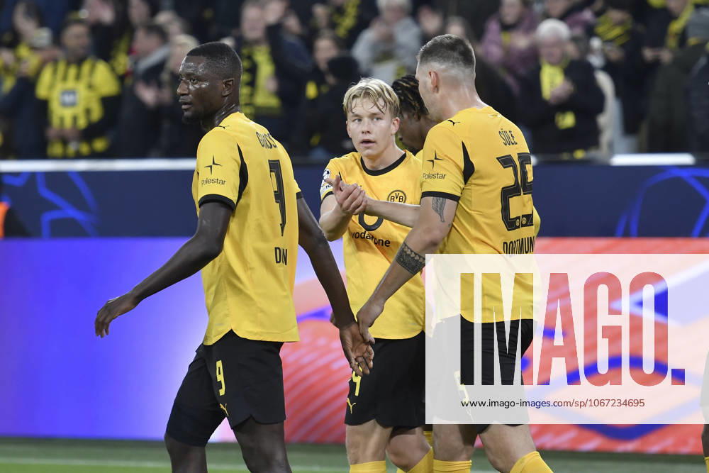 Daniel Svensson (Dortmund 24) jubelt nach dem Tor zum 1:0 mit dNiklas Süle Suele (Dortmund 25) 01.04.2025 Fussball, Champions League, Borussia Dortmund vs Athletic Club de Bilbao, Signal Iduna Park, Dortmund,