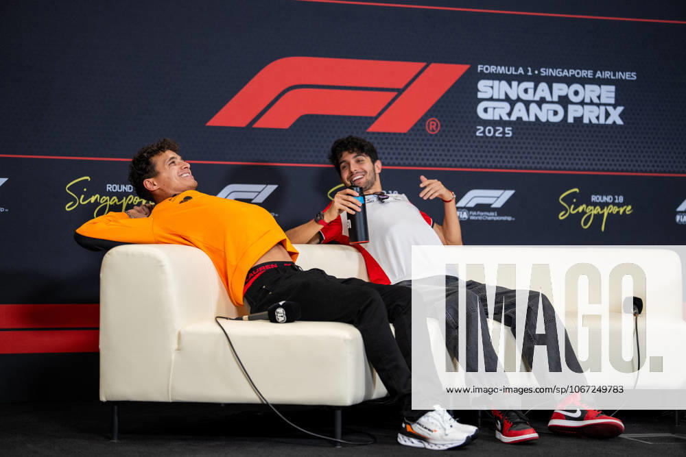 Formula 1 Singapore Airlines Singapore Grand Prix - Arrivals Esteban Ocon (Fra) of Haas F1 Team 31 and Lando Norris (Gbr) of McLaren Racing 4 during the press conference, PK, Pressekonferenz on Thursday (Media Day) during Formula 1 Singapore Airlines Singapore Grand Prix 2025 at the Marina Bay Street Circuit on October 2, 2025 Photo by Antoine Lapeyre ABACAPRESS.COM Singapore Singapore