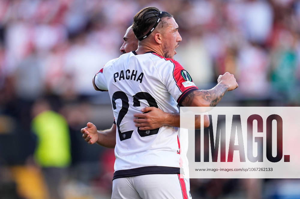Alvaro Garcia and Alfonso Espino of Rayo Vallecano celebrates a goal scored by Unai Lopez of Rayo Vallecano during the UEFA Conference League 2025 26 League Phase MD1 match between Rayo Vallecano and KF Shkendija at Estadio de Vallecas on October 2, 2025, in Madrid, Spain. Madrid Spain - ZUMAa181 20251002_zaa_a181_019
