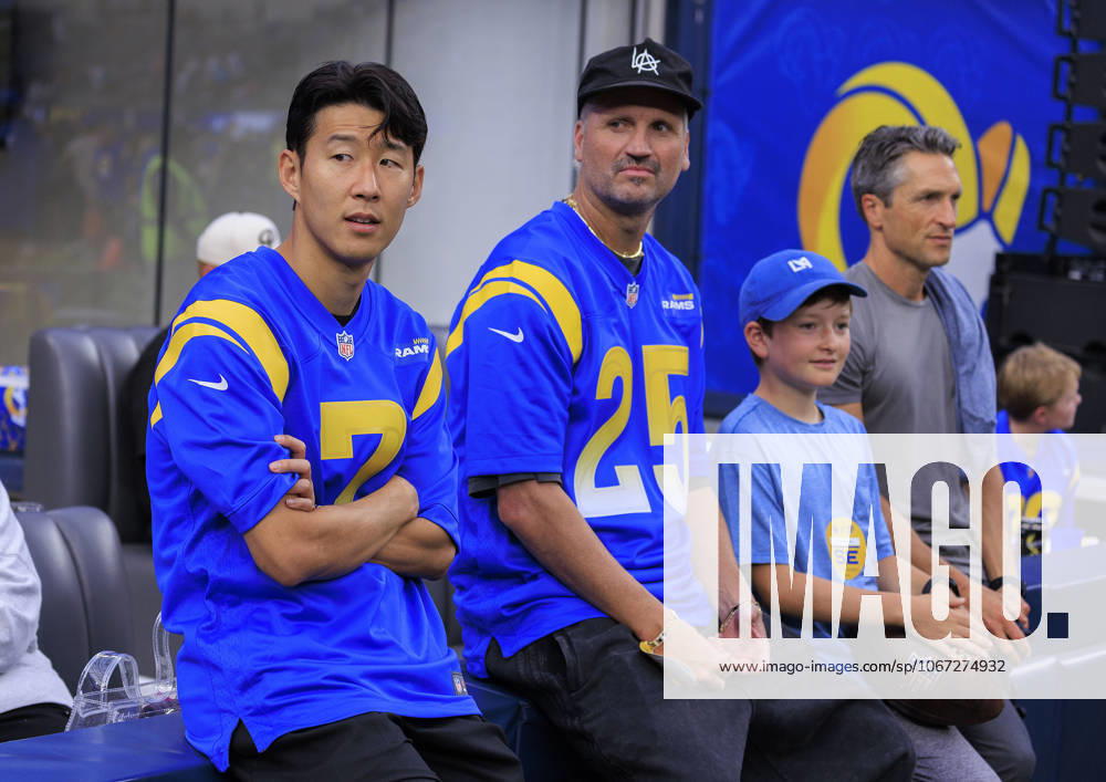 Son Heung-min 7 of the Los Angeles Football Club and LAFC Co-President and General Manager John Thorrington (R) attend pregame activities prior to the regular season NFL, American Football Herren, USA game against the San Francisco 49ers on Thursday October 2, 2025 at SoFi Stadium in Inglewood, California. JAVIER ROJAS PI Los Angeles USA - ZUMAp124 20251002_zaa_p124_005