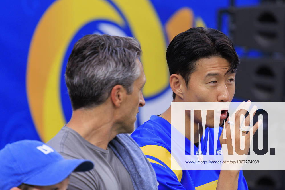 Son Heung-min 7 of the Los Angeles Football Club chats with LAFC Co-President and General Manager John Thorrington during pregame activities prior to the regular season NFL, American Football Herren, USA game against the San Francisco 49ers on Thursday October 2, 2025 at SoFi Stadium in Inglewood, California. JAVIER ROJAS PI Los Angeles USA - ZUMAp124 20251002_zaa_p124_007
