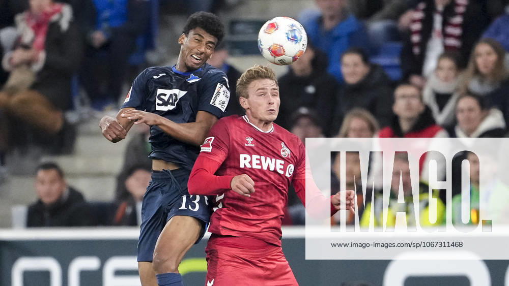 V.li.: Bernardo Fernandes da Silva Junior (Hoffenheim, 13), Sebastian Sebulonsen (Köln, 28), beim Kopfball, Kopfballduell, Spielszene, Zweikampf in der Luft, Aktion, Action, 03.10.2025, Sinsheim (Deutschland), Fussball, Bundesliga, TSG 1899 Hoffenheim - 1. FC Köln, DFB DFL REGULATIONS PROHIBIT ANY USE OF PHOTOGRAPHS AS IMAGE SEQUENCES AND OR QUASI-VIDEO.