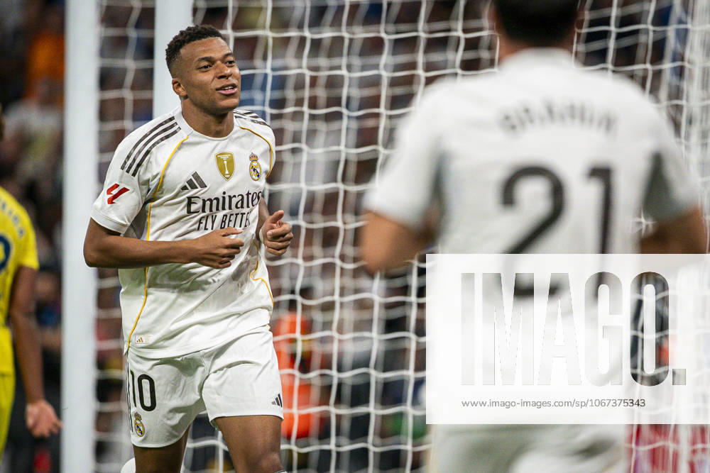 REAL MADRID CF v VILLARREAL CF. LA LIGA 2025 2026. ROUND 8. Real Madrid CFs Kylian Mbappe celebrates goal during La Liga match. October 4, 2025. (ALTERPHOTOS Toni Garrido) MadridSpain