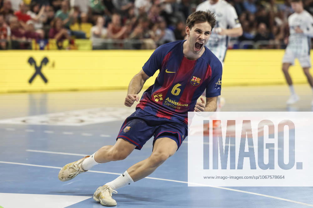 Daniel Jimenez of FC Barcelona, Barca celebrates a goal during the EHF Champions League 2025 26 group phase, handball match played between FC Barcelona and OTP Bank - Pick Szeged at Palau Blaugrana on October 09, 2025 in Barcelona, Spain. Barcelona SPAIN - ZUMAa181 20251009_zaa_a181_361