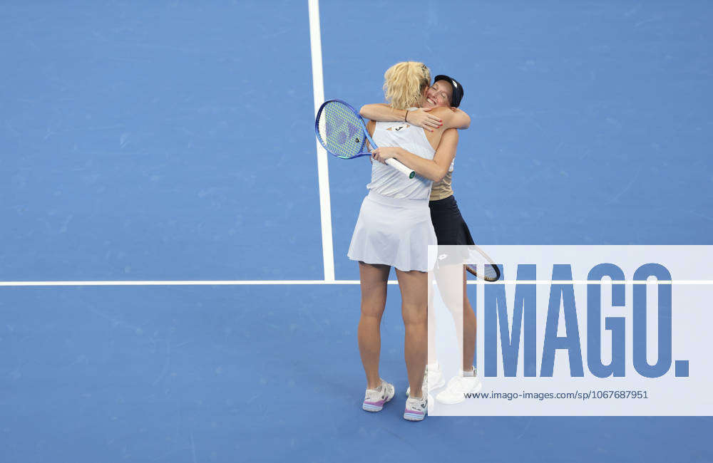 (251012) -- WUHAN, Oct. 12, 2025 -- Storm Hunter Katerina Siniakova (L) celebrate after the women s doubles final between Anna Danilina (Kazakhstan) Aleksandra Krunic (Serbia) and Storm Hunter (Australia) Katerina Siniakova (the Czech Republic) at the 2025 Wuhan Open tennis tournament in Wuhan, central China s Hubei Province, Oct. 12, 2025. ) (SP)CHINA-WUHAN-TENNIS-WUHAN OPEN-WOMEN S DOUBLES (CN) BaixXuefei