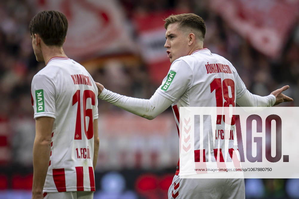 Isak Johannesson (1. FC Koeln, 18) gesticulating during the Bundesliga match between 1. FC Koeln vs. FC Augsburg at the Rheinenergie-Stadion on matchday 7 of the 1. Bundesliga on October 18, 2025 in Koeln, Germany. DFL REGULATIONS PROHIBIT ANY USE OF PHOTOGRAPHS AS IMAGE SEQUENCES AND OR QUASI-VIDEO. Nordrhein-Westfalen Germany
