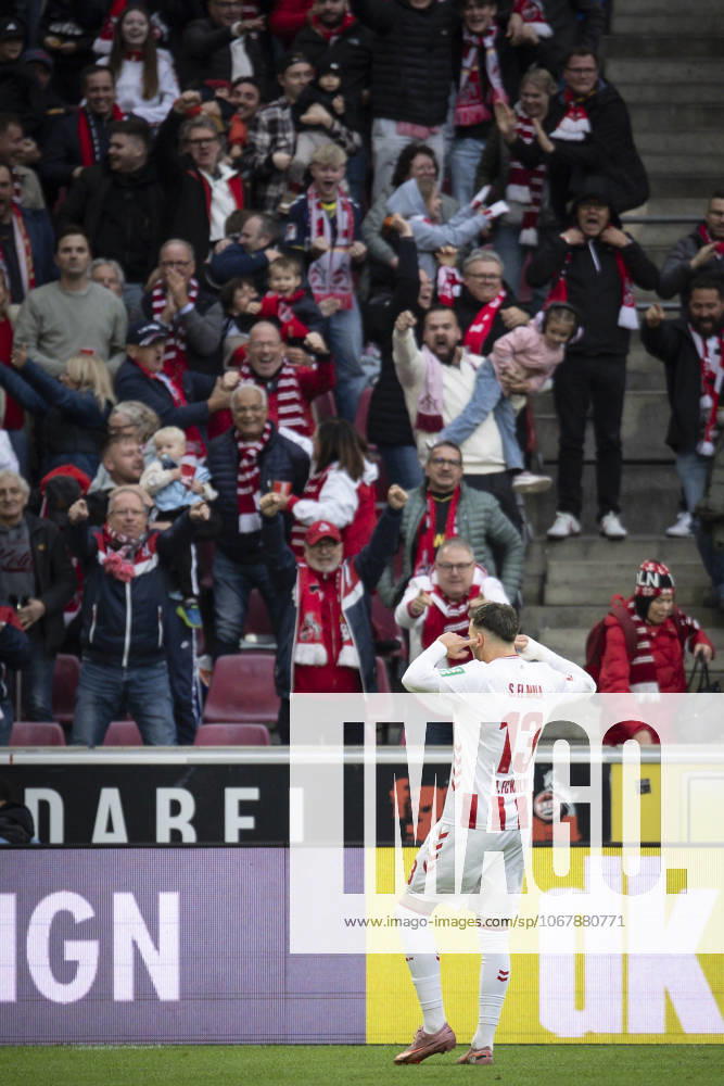 Said el Mala (1. FC Koeln, 13) is celebrating with the fans after his 1:1 goal during the Bundesliga match between 1. FC Koeln vs. FC Augsburg at the Rheinenergie-Stadion on matchday 7 of the 1. Bundesliga on October 18, 2025 in Koeln, Germany. DFL REGULATIONS PROHIBIT ANY USE OF PHOTOGRAPHS AS IMAGE SEQUENCES AND OR QUASI-VIDEO. Nordrhein-Westfalen Germany
