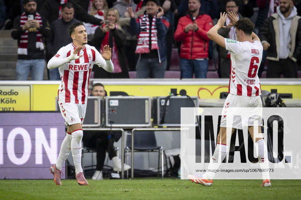 Said el Mala (1. FC Koeln, 13) is celebrating with Eric Martel (1. FC Koeln, 6) after his 1:1 goal during the Bundesliga match between 1. FC Koeln vs. FC Augsburg at the Rheinenergie-Stadion on matchday 7 of the 1. Bundesliga on October 18, 2025 in Koeln, Germany. DFL REGULATIONS PROHIBIT ANY USE OF PHOTOGRAPHS AS IMAGE SEQUENCES AND OR QUASI-VIDEO. Nordrhein-Westfalen Germany