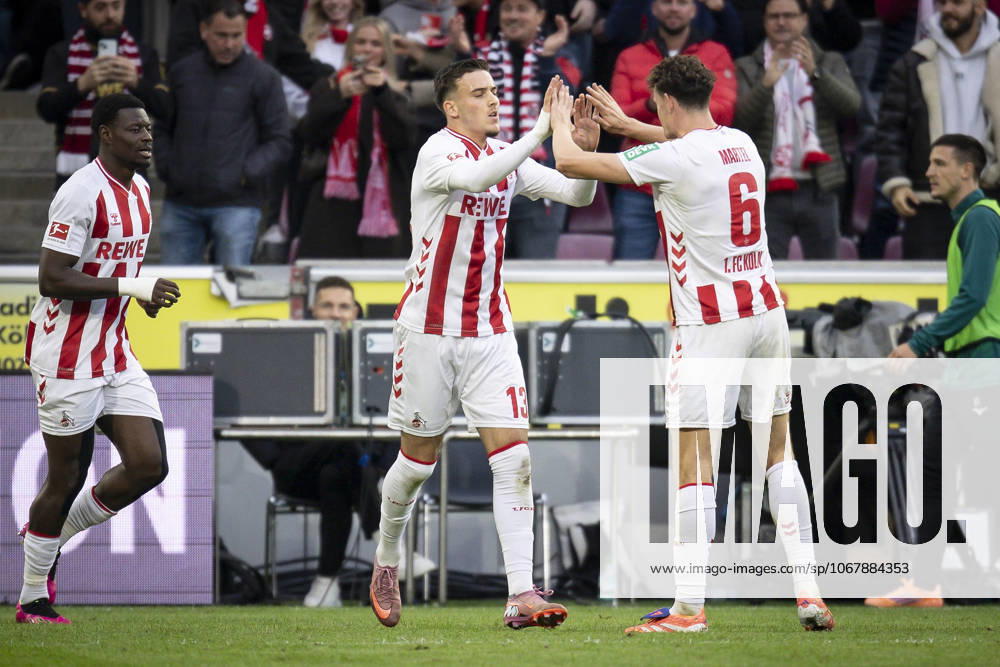 Said el Mala (1. FC Koeln, 13) is celebrating Eric Martel (1. FC Koeln, 6) after his 1:1 goal during the Bundesliga match between 1. FC Koeln vs. FC Augsburg at the Rheinenergie-Stadion on matchday 7 of the 1. Bundesliga on October 18, 2025 in Koeln, Germany. DFL REGULATIONS PROHIBIT ANY USE OF PHOTOGRAPHS AS IMAGE SEQUENCES AND OR QUASI-VIDEO. Nordrhein-Westfalen Germany