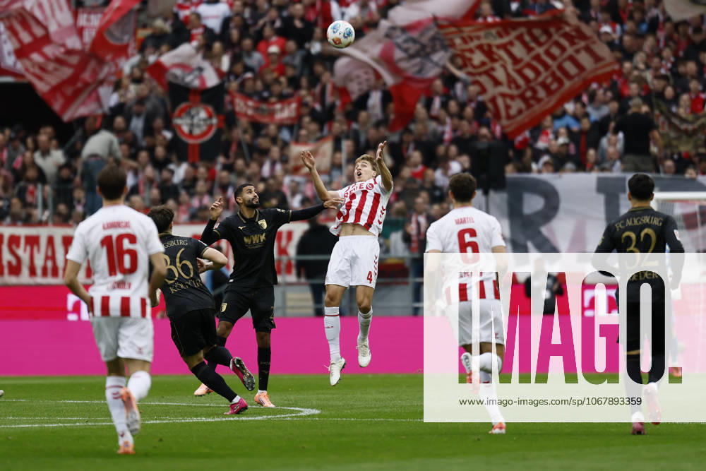 Timo Huebers (Hubers Hübers 1. FC Koeln, 4) with a header during the Bundesliga match between 1. FC Koeln vs. FC Augsburg at the Rheinenergie-Stadion on matchday 7 of the 1. Bundesliga on October 18, 2025 in Koeln, Germany. DFL REGULATIONS PROHIBIT ANY USE OF PHOTOGRAPHS AS IMAGE SEQUENCES AND OR QUASI-VIDEO. Nordrhein-Westfalen Germany