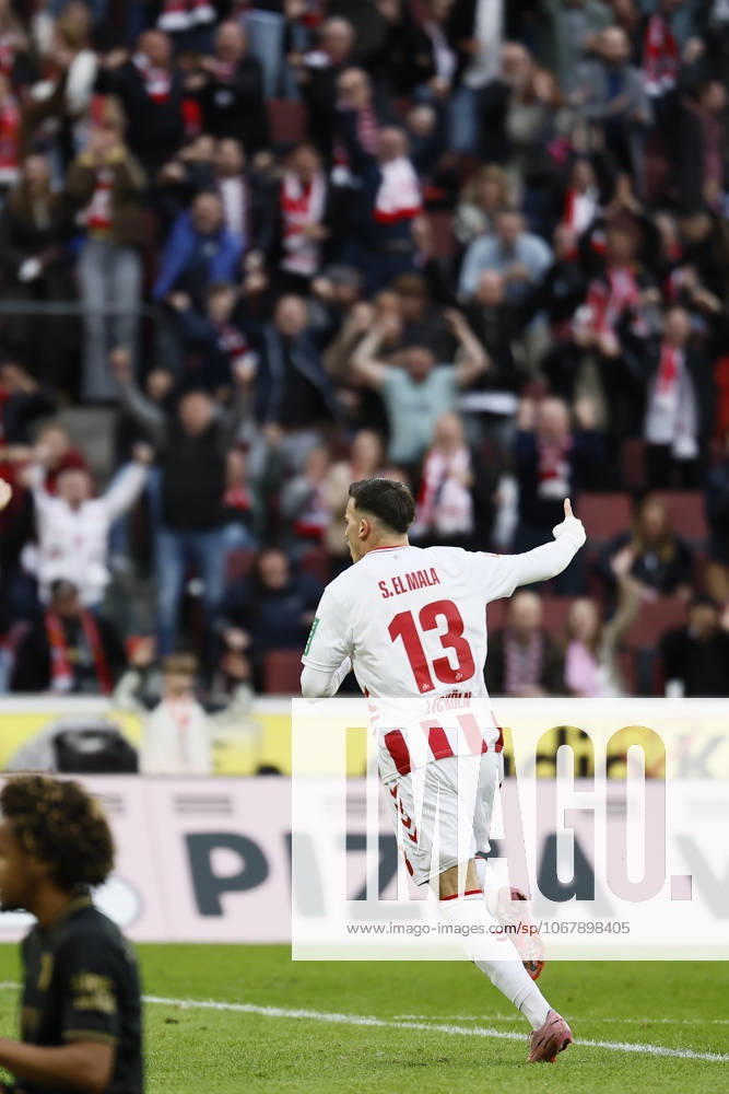 Said el Mala (1. FC Koeln, 13) turns cheering towards the fans after his goal during the Bundesliga match between 1. FC Koeln vs. FC Augsburg at the Rheinenergie-Stadion on matchday 7 of the 1. Bundesliga on October 18, 2025 in Koeln, Germany. DFL REGULATIONS PROHIBIT ANY USE OF PHOTOGRAPHS AS IMAGE SEQUENCES AND OR QUASI-VIDEO. Nordrhein-Westfalen Germany