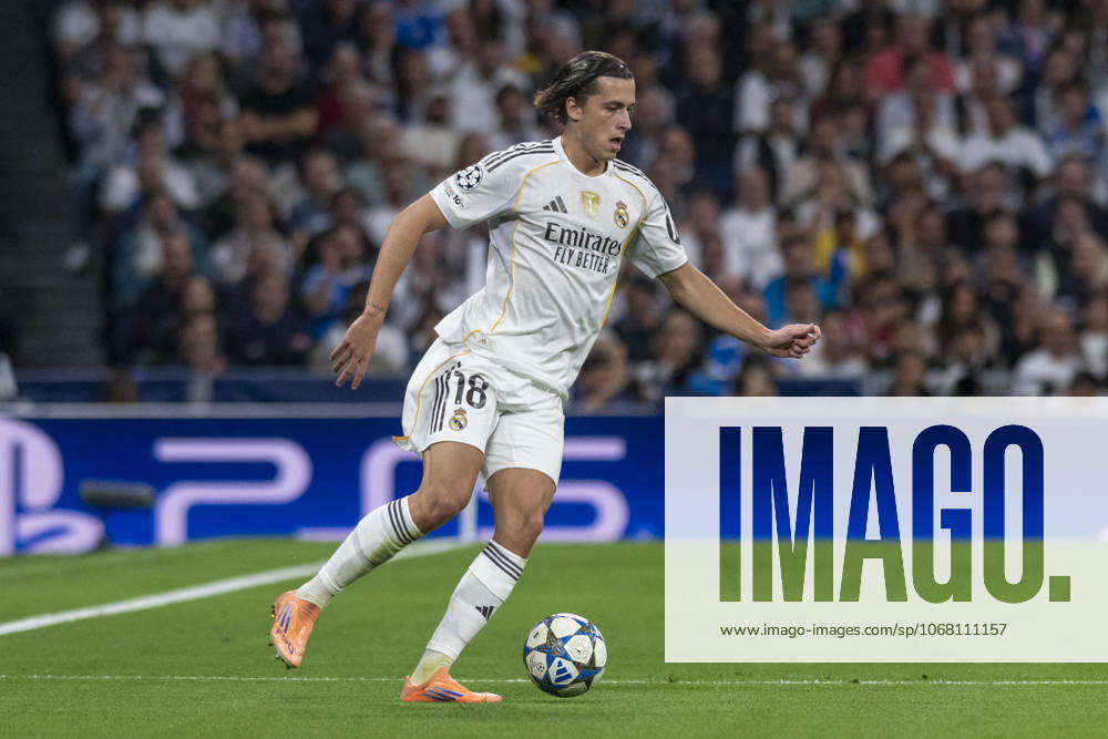 ALVARO CARRERAS of Real Madrid CF controls the ball during the match on the third day of the group stage of the 2025 26 UEFA Champions League between REAL MADRID C.F. vs JUVENTUS DE TURIN, played at the Santiago Bernabeu Stadium on October 22, 2025, in Madrid, Spain. Madrid Spain - ZUMAc312 20251023_zsp_c312_020