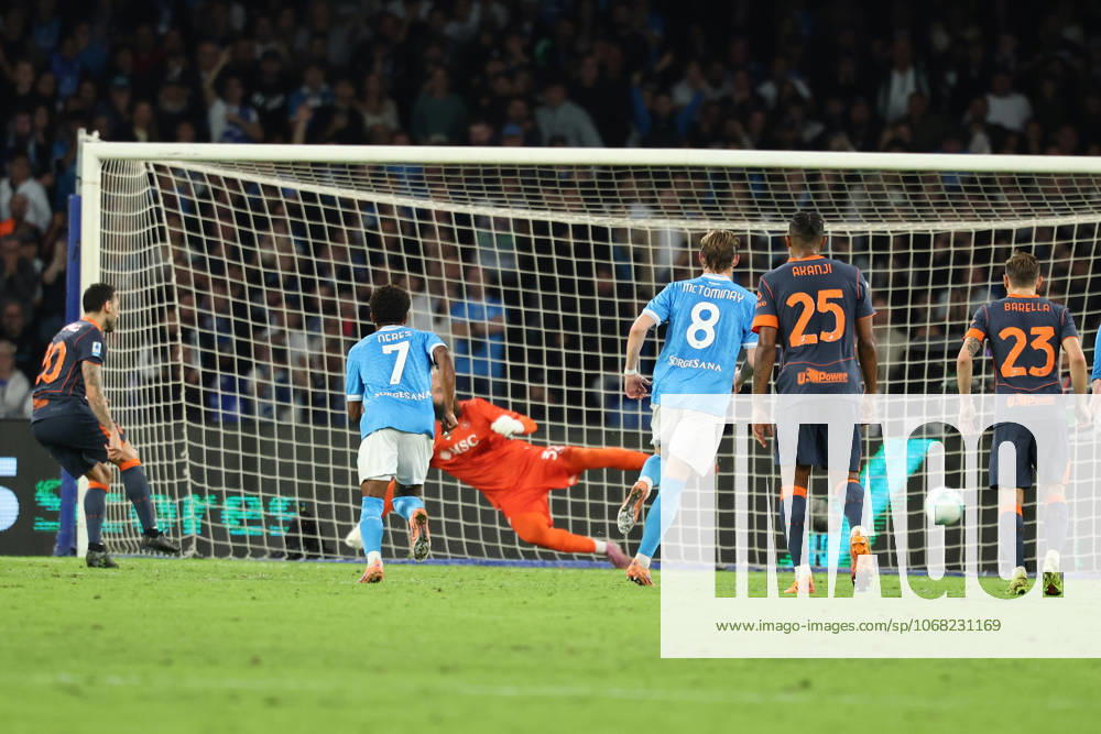 Hakan Calhanoglu of FC Internazionale scores the goal of 2-1 during the Serie A 2025 2026 football match between SSC Napoli and FC Internazionale at Diego Armando Maradona stadium in Naples (Italy), October 25th, 2025. CesarexPurini