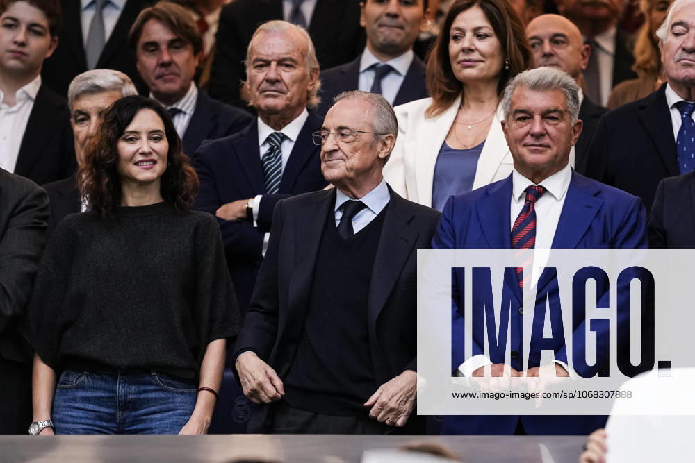 Florentino Perez, President of Real Madrid, Joan Laporta, President of FC Barcelona, Barca and Isabel Diaz Ayuso, President of the Community of Madrid during the Spanish League, LaLiga EA Sports, football match played between Real Madrid C.F. and FC Barcelona at Santiago Bernabeu stadium on October 26, 2025, in Madrid, Spain. Madrid Spain - ZUMAa181 20251026_zaa_a181_222