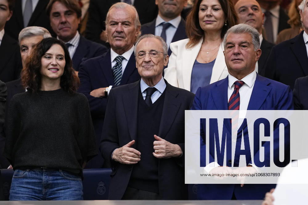 Florentino Perez, President of Real Madrid, Joan Laporta, President of FC Barcelona, Barca and Isabel Diaz Ayuso, President of the Community of Madrid during the Spanish League, LaLiga EA Sports, football match played between Real Madrid C.F. and FC Barcelona at Santiago Bernabeu stadium on October 26, 2025, in Madrid, Spain. Madrid Spain - ZUMAa181 20251026_zaa_a181_223