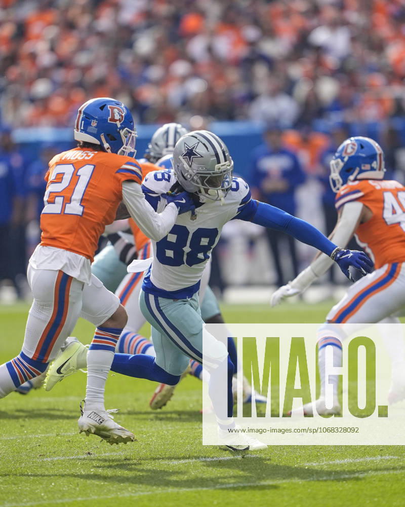 Dallas Cowboys wide receiver CeeDee Lamb (88) is bumped by Denver Broncos cornerback Riley Moss (21) in the first half of the football game between the Denver Broncos and Dallas Cowboys. CSM. - ZUMAc04_ 20251026_zma_c04_218