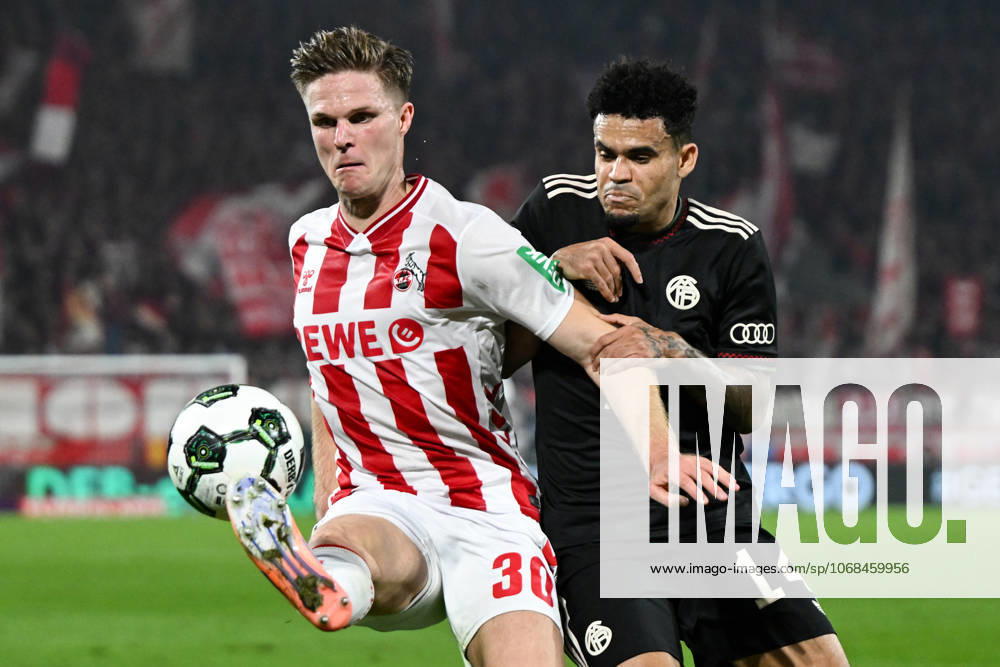 Marius Bülter (1.FC Köln, 30) im Zweikampf mit Luis Diaz (FC Bayern München, 14), GER, 1. FC Köln vs FC Bayern München, Fussball, DFB Pokal, 2. Runde, Saison 2025 2026, 29.10.2025. DFB regulations prohibit any use of photographs as image sequences and or quasi-video GER, 1. FC Köln vs FC Bayern München, Fussball, DFB Pokal, 2. Runde, Saison 2025 2026, 29.10.2025. Köln