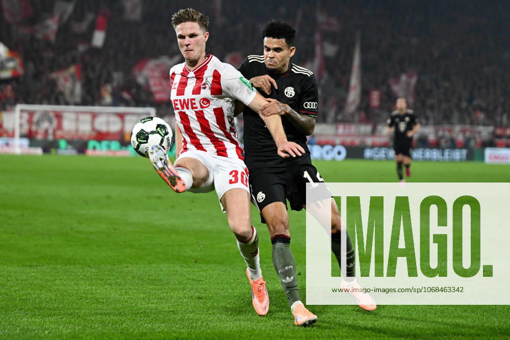 Marius Bülter (1.FC Köln, 30) im Zweikampf mit Luis Diaz (FC Bayern München, 14), GER, 1. FC Köln vs FC Bayern München, Fussball, DFB Pokal, 2. Runde, Saison 2025 2026, 29.10.2025. DFB regulations prohibit any use of photographs as image sequences and or quasi-video GER, 1. FC Köln vs FC Bayern München, Fussball, DFB Pokal, 2. Runde, Saison 2025 2026, 29.10.2025. Köln