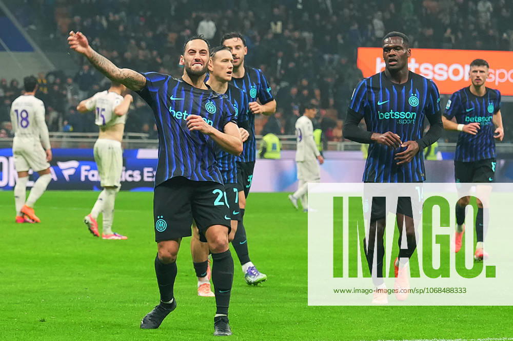 Inter Milan s Hakan Calhanoglu celebrates after scoring 3-0 during the Serie A soccer match between Inter and Fiorentina at the San Siro Stadium in Milan , north Italy - Wednesday , October 29 , 2025. - Soccer .