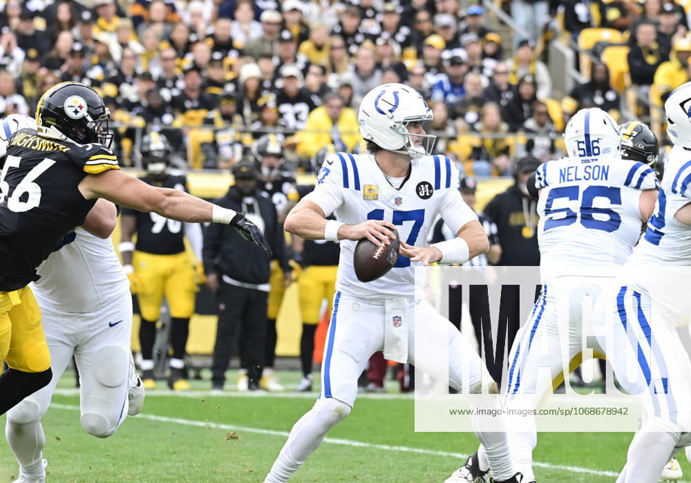Indianapolis Colts quarterback Daniel Jones (17) steps back to throw in the first quarter against the Pittsburgh Steelers at Acrisure Stadium Sunday, November 2025 in Pittsburgh. PIT2025110204 ARCHIExCARPENTER