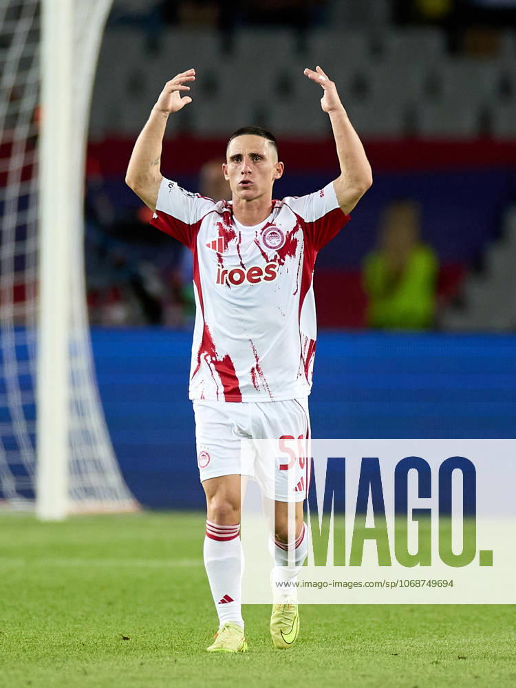 Daniel Podence of Olympiacos celebrates a goal during the UEFA Champions League match between FC Barcelona, Barca v Olympiakos Piraeus at the Lluis Companys Olympic Stadium on October 21, 2025 in Barcelona Spain. Barcelona Spain - ZUMAr232 20251021_zsp_r232_128