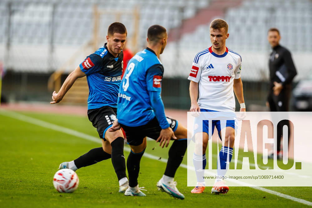 SuperSport HNL, round 15: HNK Hajduk Split v NK Varazdin Aleksa Latkovic of NK Varazdin and Simun Hrgovic of HNK Hajduk Split during the SuperSport HNL 2025. 2026. round 15 match between HNK Hajduk Split and NK Varazdin at Poljud Stadium in Split, Croatia on November 29, 2025. ZvonimirxBarisin PIXSELL