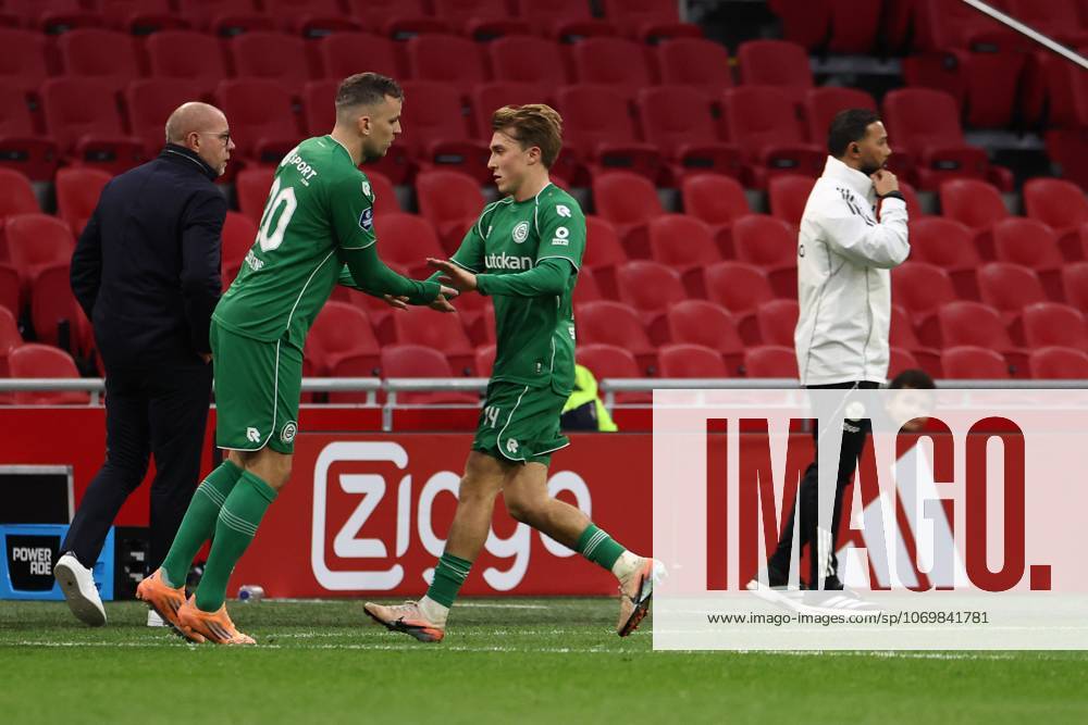 , JohanCruyff Arena , season 2025 2026 , Dutch Eredivisie Football , match between Ajax and FC Groningen (replay) , Picture shows , .FC Groningen player Mats Seuntjens, .FC Groningen player Jorg Schreuders Ajax - Groningen (replay) x32313179x