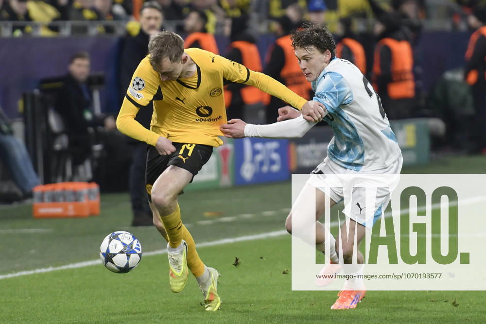 V. li. im Zweikampf Maximilian Beier (Dortmund 14) Isak Määttä Maeaettae (Bodø Glimt 25) 10.12.2025 Fussball, Champions League, Borussia Dortmund vs FK Bodö Glimt, Signal Iduna Park, Dortmund,