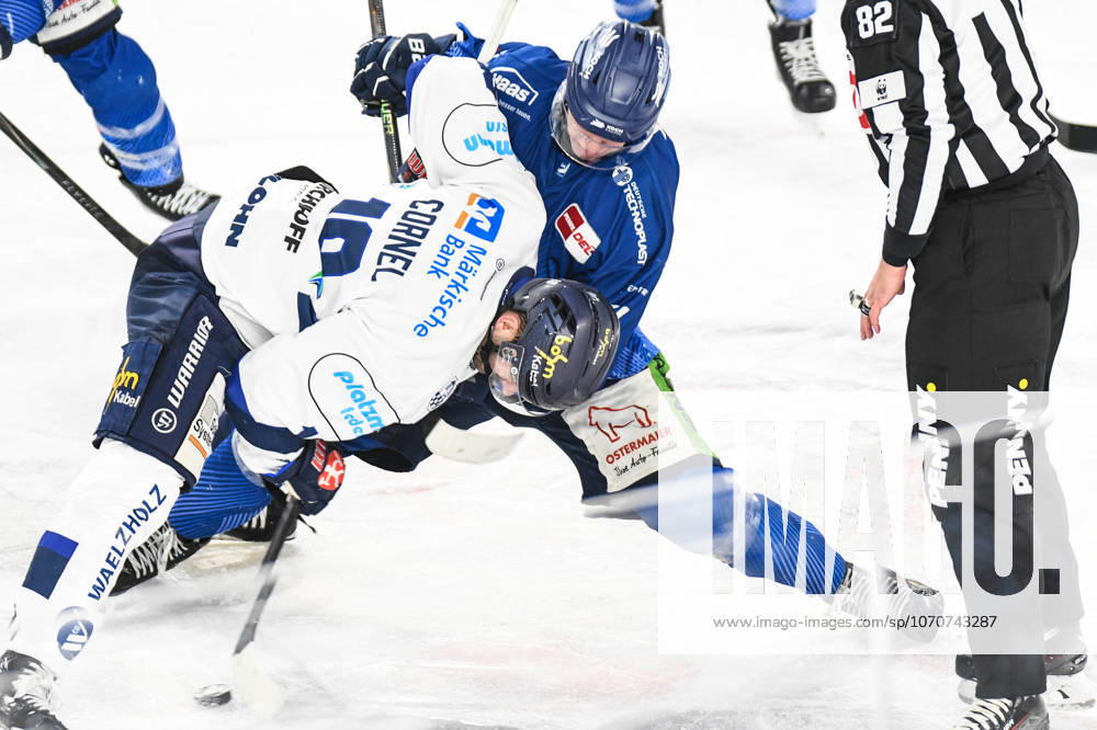 Straubing Tigers vs. Iserlohn Roosters, Eishockey, Deutsche Eishockey Liga, Penny DEL, 33.Spieltag, Saison 2025 2026, 28.12.2025 Danjo Leonhardt (Straubing Tigers) beim Bully mit Eric Cornel (Iserlohn Roosters), Eishockey Herren, Deutsche Eishockey Liga, Penny DEL, 33.Spieltag, Saison 2025 2026 am 28.12.2025 im Eisstadion am Pulverturm, Straubing Tigers (blau) gegen Iserlohn Roosters (weiss)