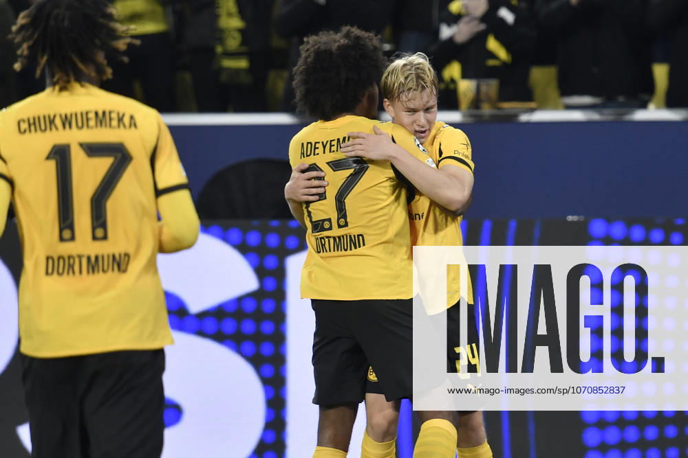 Daniel Svensson (Dortmund 24) jubelt nach dem Tor zum 1:0 mit Karim Adeyemi (Dortmund 27) 01.10.2025 Fussball, Champions League, Borussia Dortmund vs Athletic Club de Bilbao, Signal Iduna Park, Dortmund,