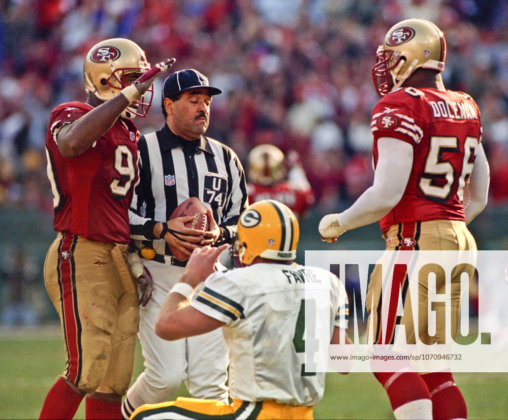 San Francisco, California, U.S - San Francisco 49ers vs. Green Bay Packers Candlestick Park Sunday, January 3, 1999. 49ers beat Packers 30-27. San Francisco 49ers linebacker Chris Doleman (56) celebrates sacking Green Bay Packers quarterback Brett Favre