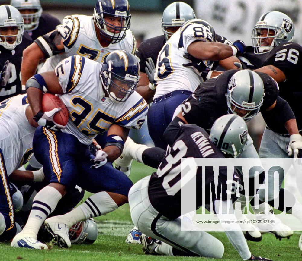 Oakland, California, U.S - Oakland Raiders vs. San Diego Chargers at Oakland Alameda County Coliseum Sunday, November 14, 1999. Raiders beat Chargers 28-9. San Diego Chargers running back Jermaine Fazande