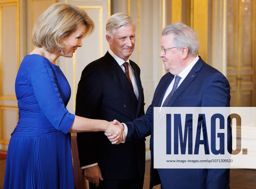 Queen Mathilde of Belgium, King Philippe - Filip of Belgium and Permanent Representative of Belgium to the European Union, Peter Moors pictured during a reception for the heads of European institutions and permanent representatives accredited to the European Union, at the Royal Palace, in Brussels, on Tuesday 13 January 2026. BENOITxDOPPAGNE x155585466x