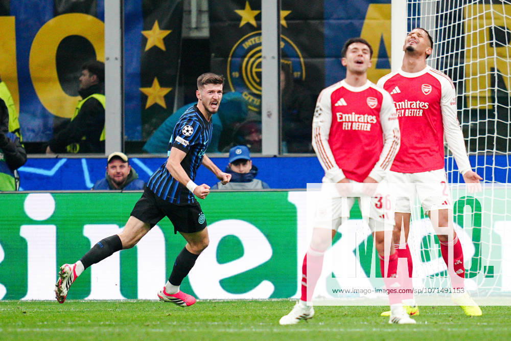 Inter Milans Petar Sucic celebrates after scoring goal for his team during the Uefa Champions League soccer match between Inter and Arsenal at the San Siro Stadium in Milan , north Italy - Tuesday , January 20, 2026. - Soccer .